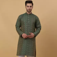 Men's jacquard woven design green kurta with pyjamas